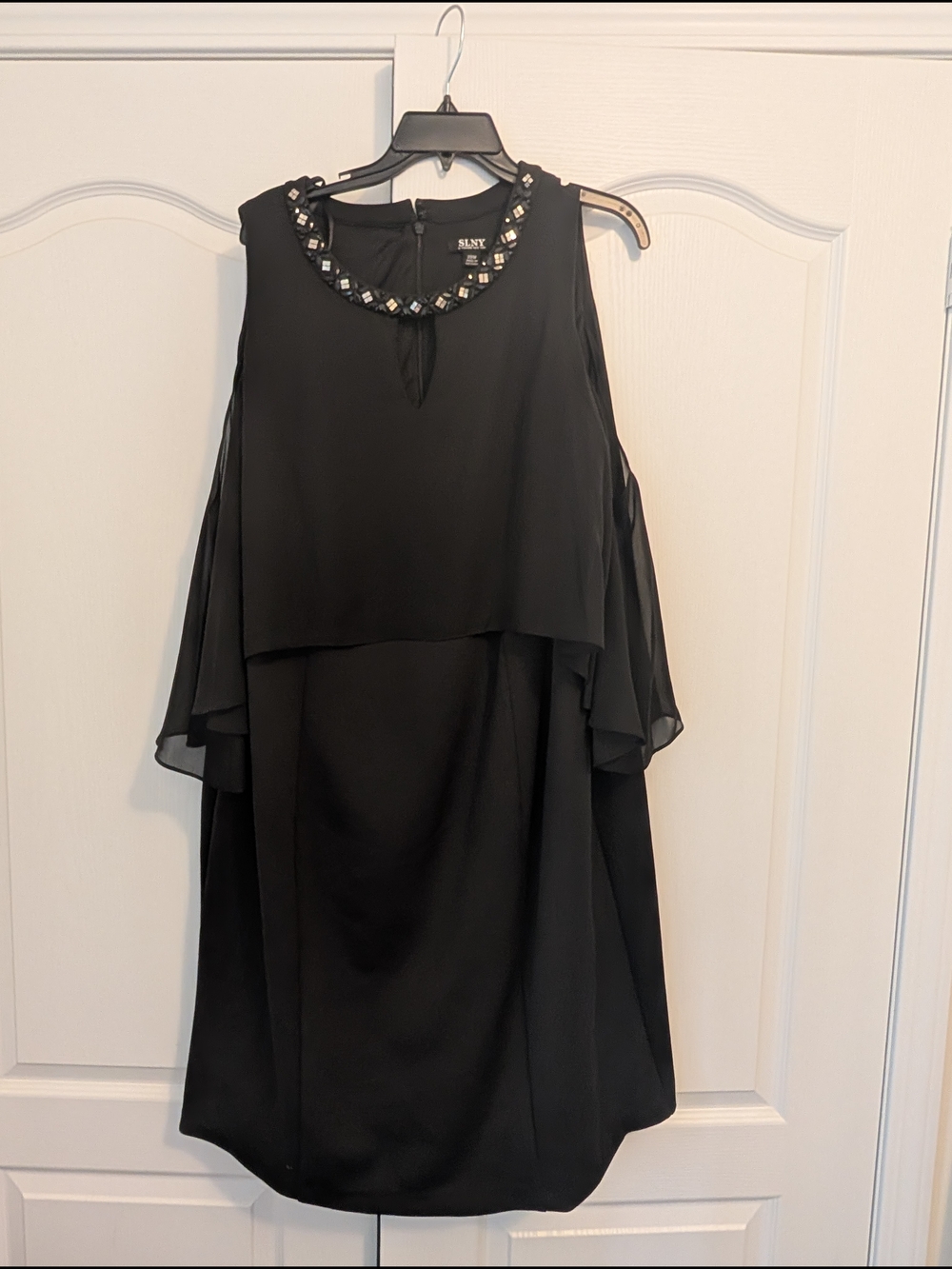 SLNY Black Beaded Neckline Cold-Shoulder Dress